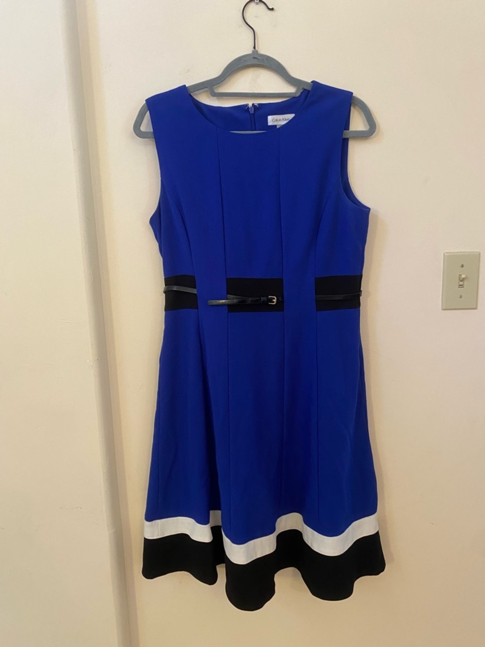 Calvin Klein Blue Black White Colorblock Fit & Flare Dress Size 10 - Picture 2 of 5